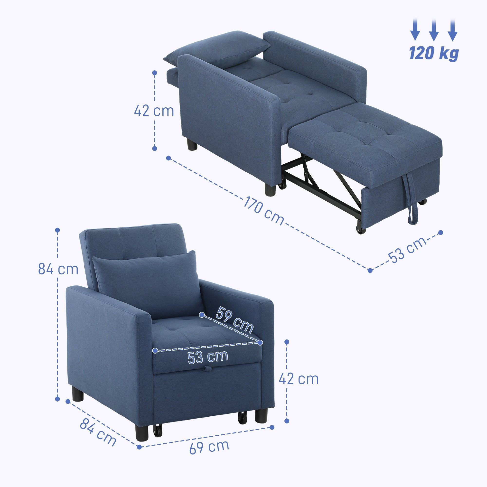 HOMCOM 3-In-1 Chair Bed, Convertible Sleeper Chair with Adjustable Backrest, Pillow and Footrest for Living Room, Blue 