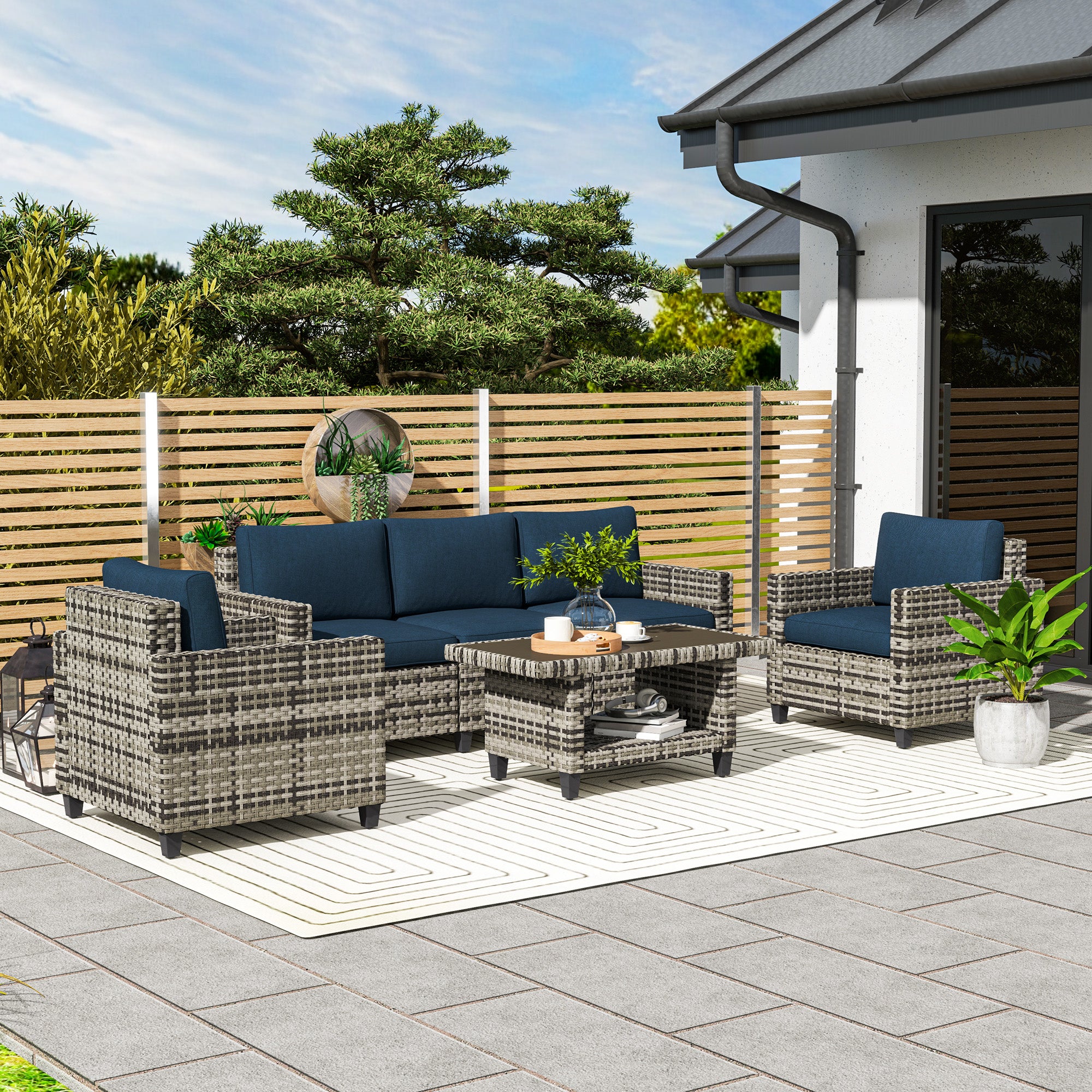 Outsunny 6 Pieces Rattan Garden Furniture Set, 5 Seater Wicker Outdoor Furniture Set with 2 Armchairs, Steel Frame Coffee Table and Cushions for Balcony, Porch, Navy Blue 
