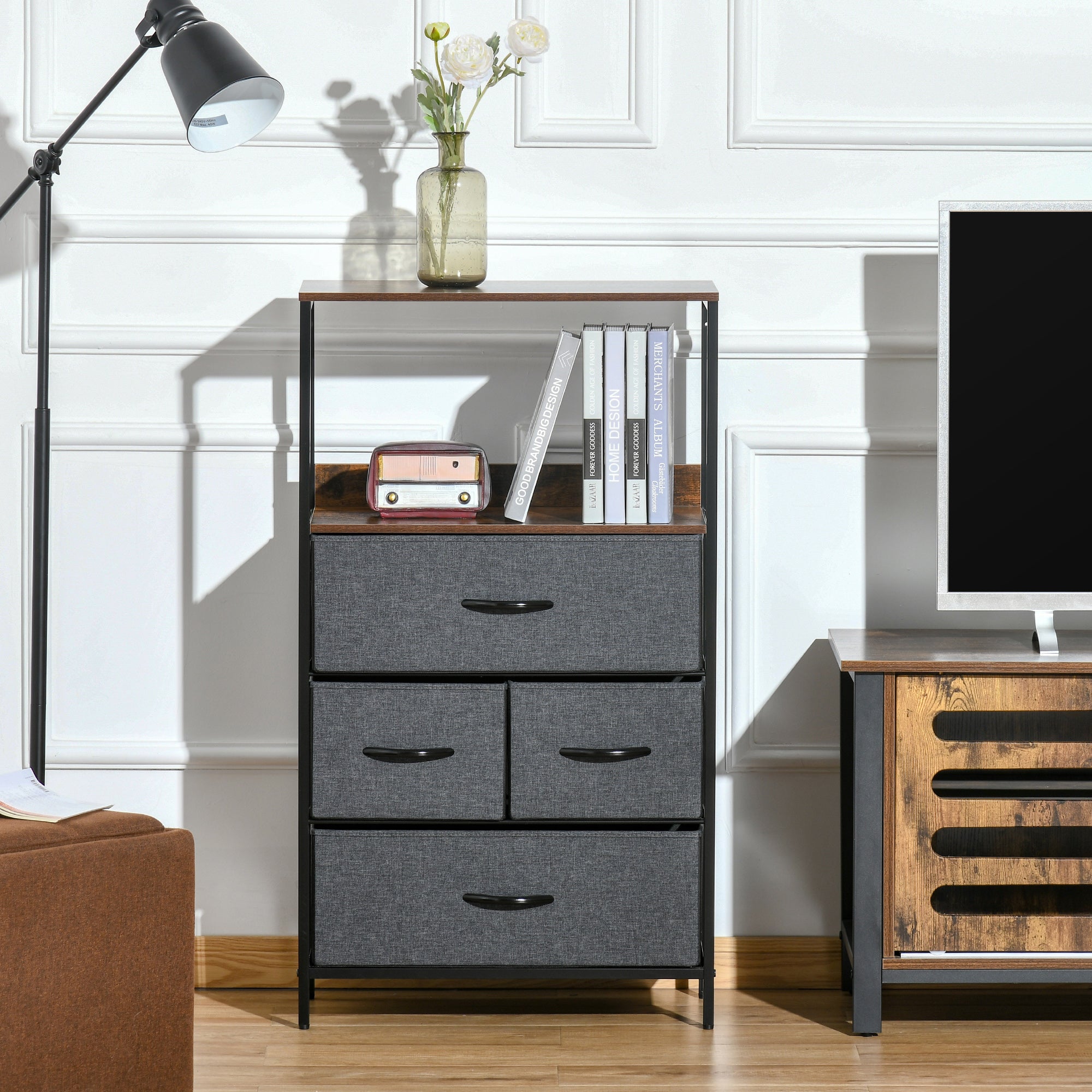 HOMCOM 4 Drawer Storage Chest Unit Home Cabinet w/ Shelves Home Living Room Bedroom Entryway Living Furniture, Black 