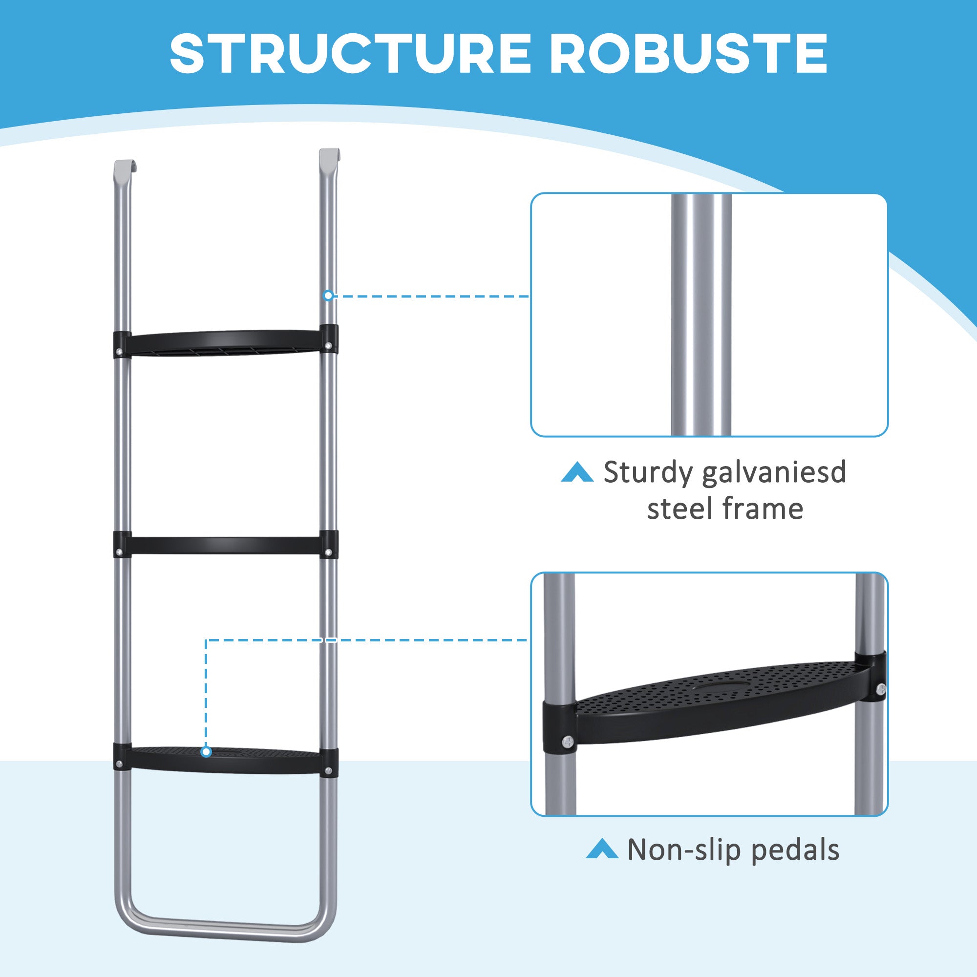 SPORTNOW Galvanised Steel Trampoline Ladder, 2 Steps/3 Steps Outdoor Trampoline Accessories for 6ft, 8ft, 10ft, 12ft, 13ft, 14ft, 16ft Trampoline, 110L x 32Wcm, Silver Tone 