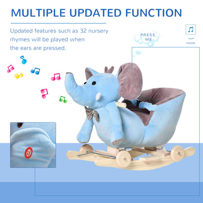 HOMCOM 2 In 1 Plush Baby Ride on Rocking Horse Elephant Rocker with Wheels Wooden Toy for Kids 32 Songs for 18+ Months (Blue) 