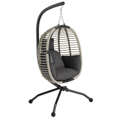 Outsunny Outdoor Swing Chair with Thick Padded Cushion, Patio Hanging Chair with Metal Stand, Foldable Basket, Cup Holder, Rope Structure, for Indoor & Outdoor, Dark Grey 
