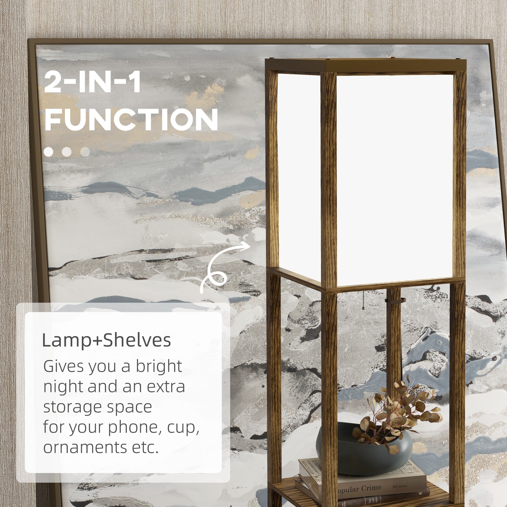 HOMCOM Modern Shelf Floor Lamp with Dual Ambient Light, Standing Lamp Living Room, Bedroom, 156cm, Brown 