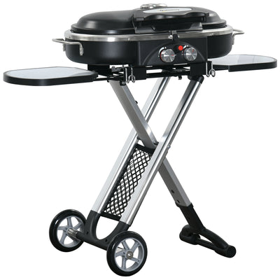 Outsunny Foldable Gas BBQ Grill 2 Burner Garden Barbecue Trolley w/ Lid Side Shelves Storage Pocket Piezo Ignition Thermometer, Aluminium Alloy 