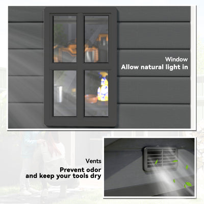 Outsunny 6'x4.5' Garden Storage Shed, Lockable Garden Shed with Double Doors, Window, Vent and Plastic Roof, Dark Grey 