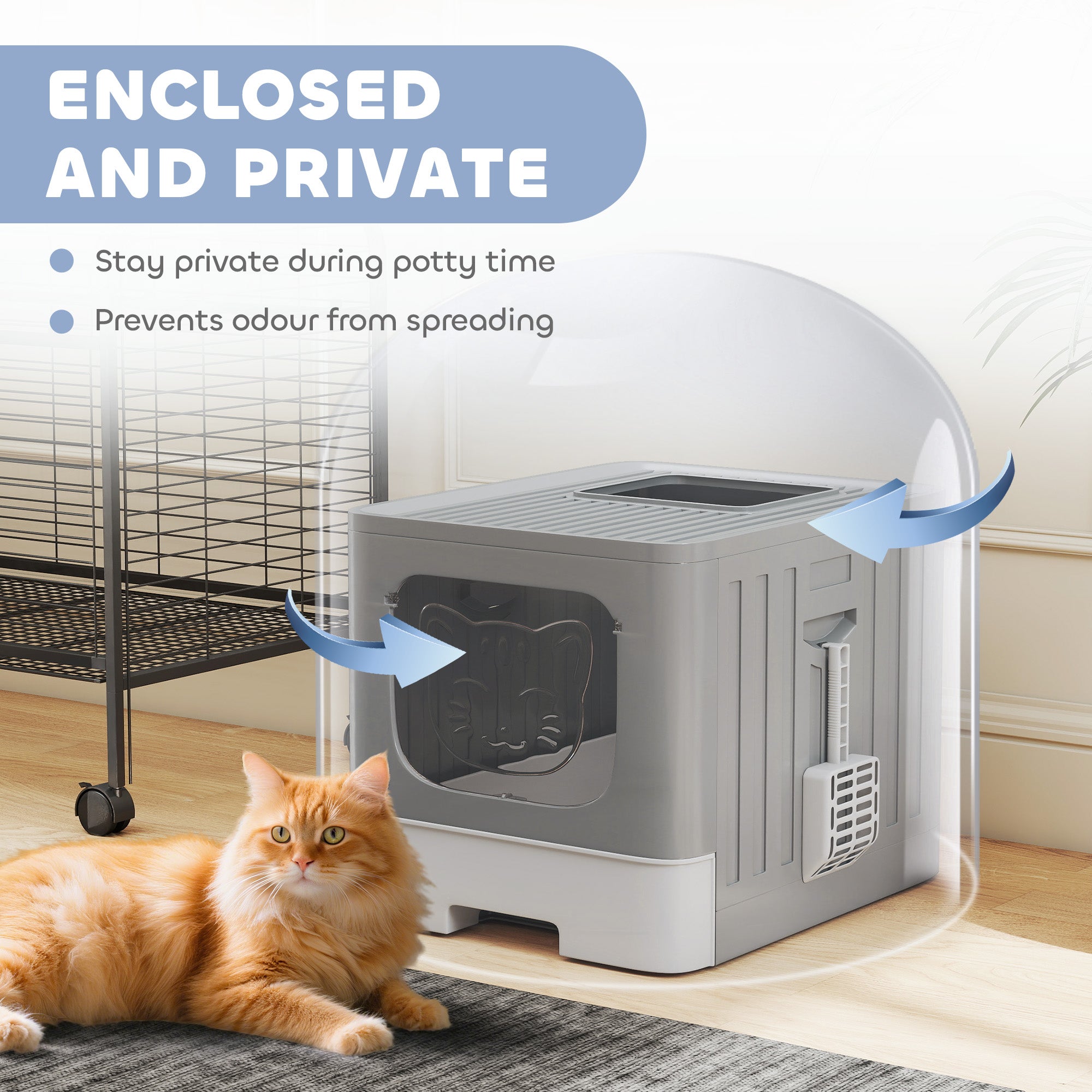 PawHut Cat Litter Box with Lid, Slide-Out Drawer, Scoop, Easy Clean, Odour Control, Anti-Splashing, Grey 