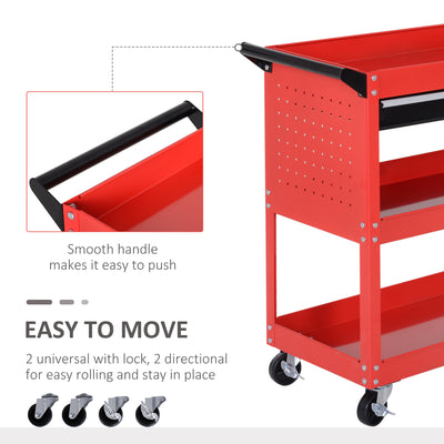 DURHAND 3-Tier Tool Trolley Cart Storage Shelf Roller Cabinet DIY Box Garage Workshop with Drawer Red 