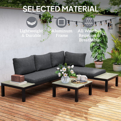 Outsunny 3 Pieces Garden Furniture Set, Aluminium 4 Seater Corner Sofa Set with 2 Loveseats, Coffee Table and Side Trays, Outdoor Conversation Furniture with Cushions for Garden, Dark Grey 