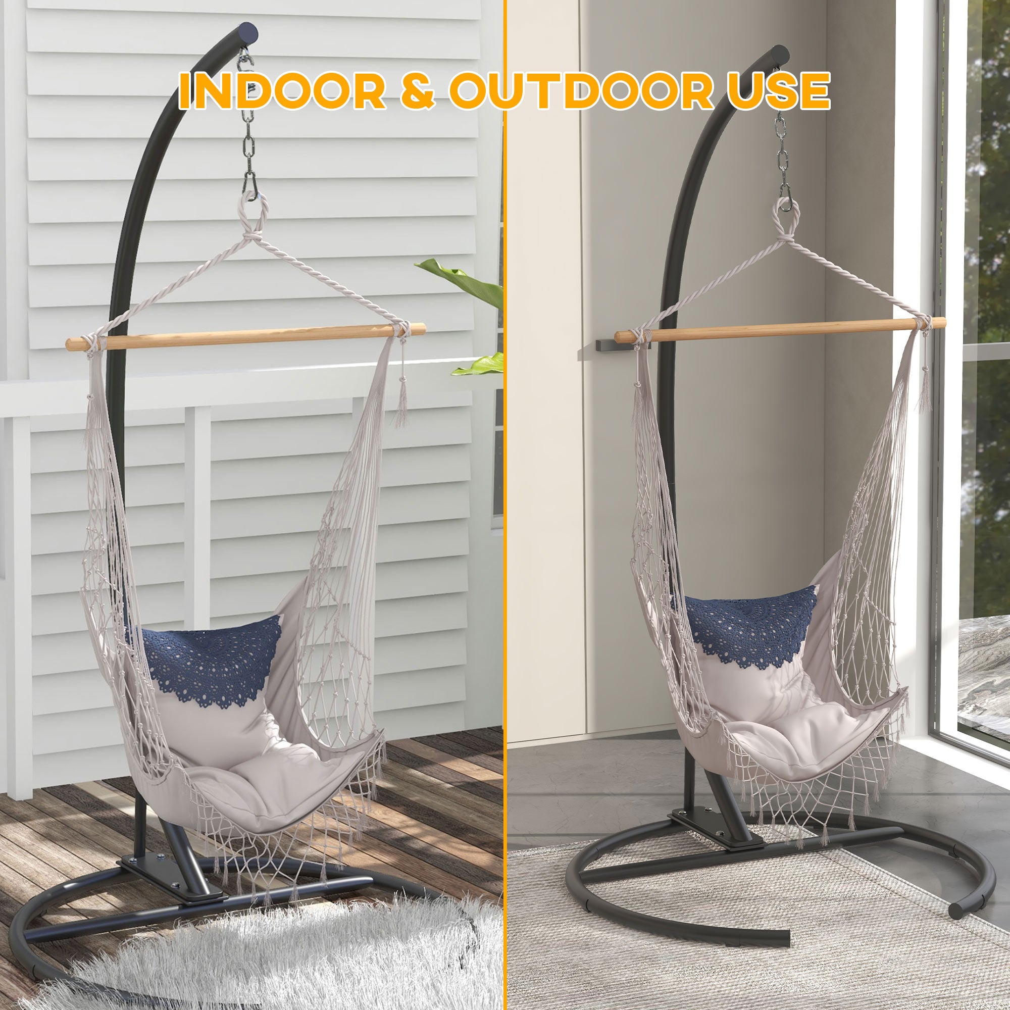 Outsunny Hanging Hammock Chair Stand with Round Base, C Hanging Swing Stand Frame for Swing/Egg/Hammock Chair, Indoor & Outdoor, Heavy Duty 330 lbs, Black 