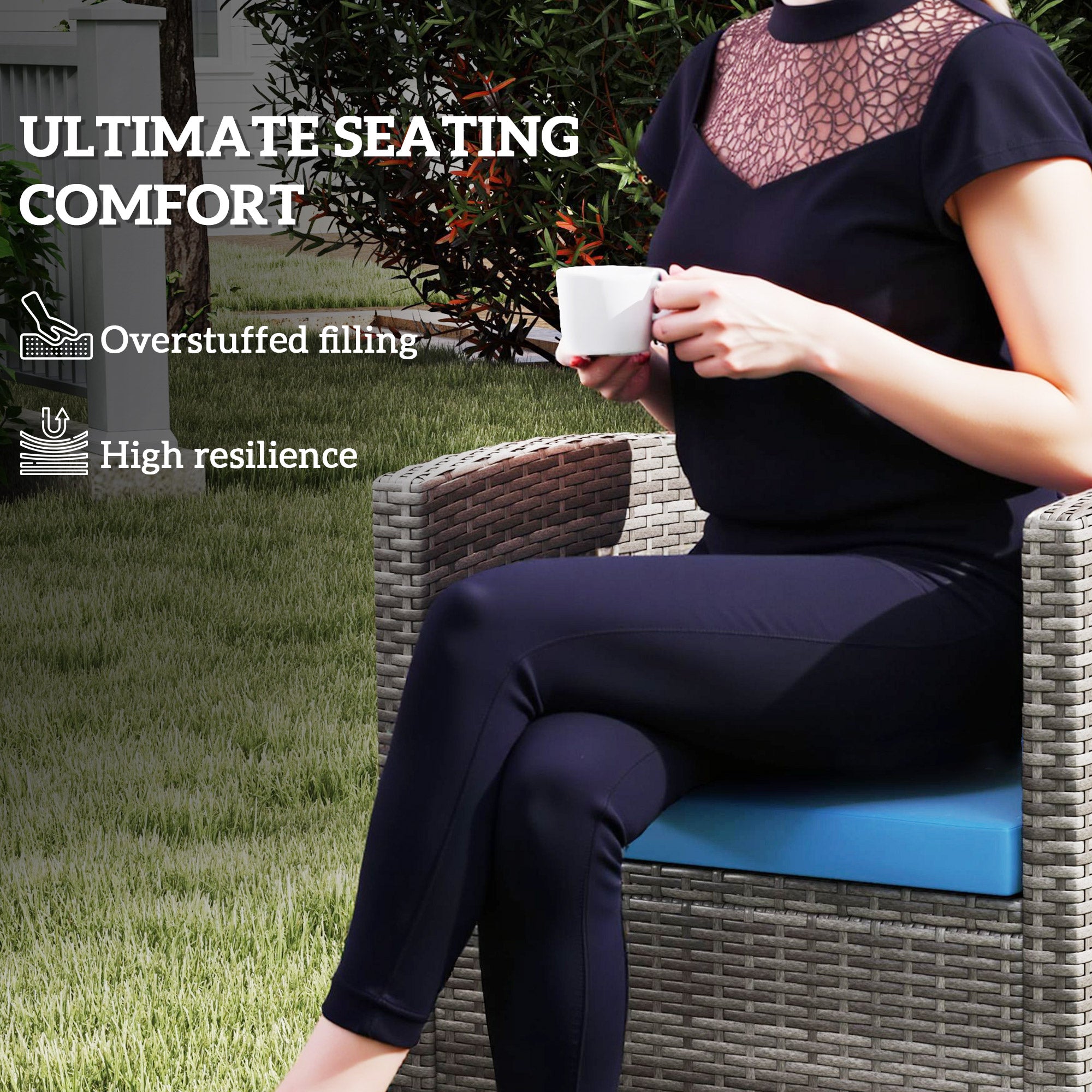 Outsunny Outdoor Seat Cushion Pads for Rattan Furniture, 3 PCs Garden Furniture Cushions,  Sky Blue