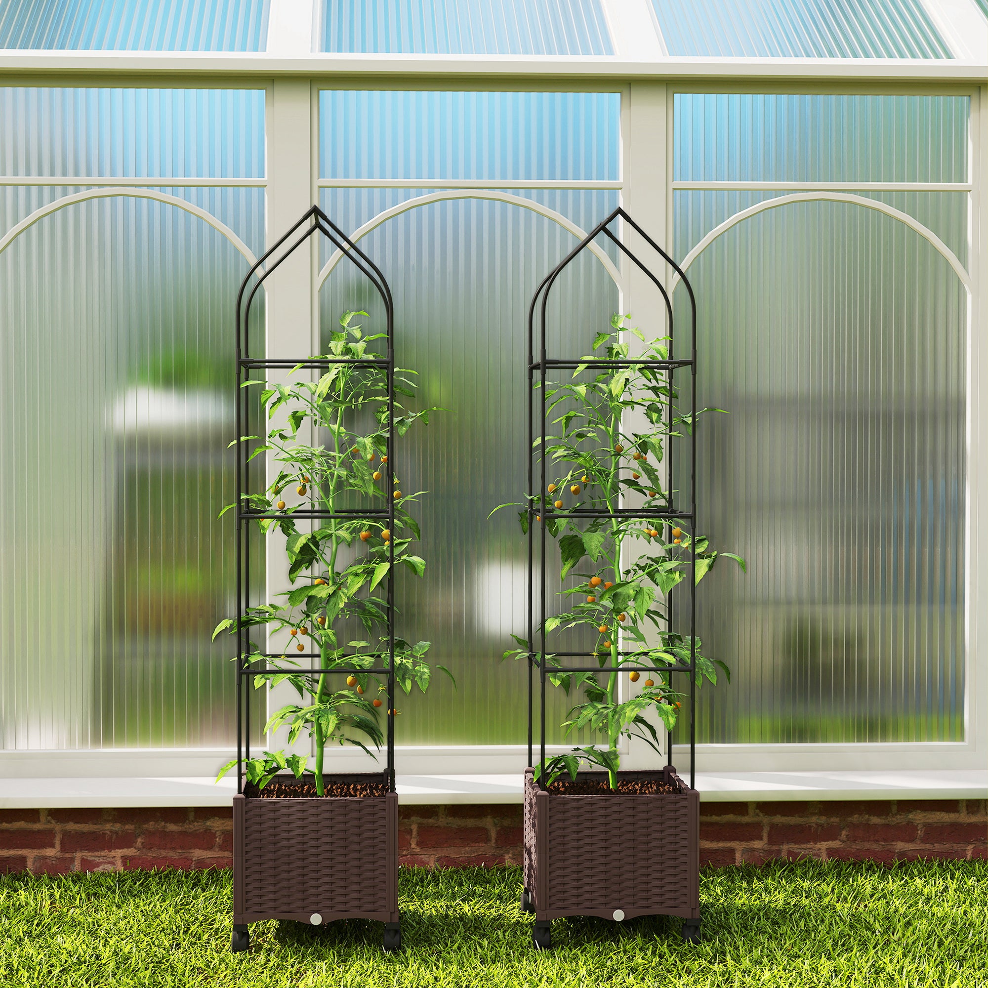 Outsunny Raised Garden Bed with Trellis, Tomato Cage with Lockable Wheels, Self Watering Planter Box with Drainage Holes, Brown 