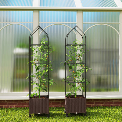 Outsunny Raised Garden Bed with Trellis, Tomato Cage with Lockable Wheels, Self Watering Planter Box with Drainage Holes, Brown 