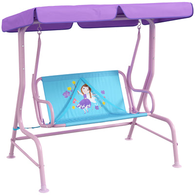Outsunny Two Seater Kids Garden Swing, Fairy Themed kids Swing Chair with Adjustable Canopy, Safety Belts for Outdoor Use 