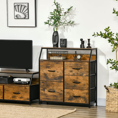 HOMCOM Bedroom Chest of Drawers, Industrial 5 Fabric Drawer Dresser with Open Shelf for Living Room, Rustic Brown 