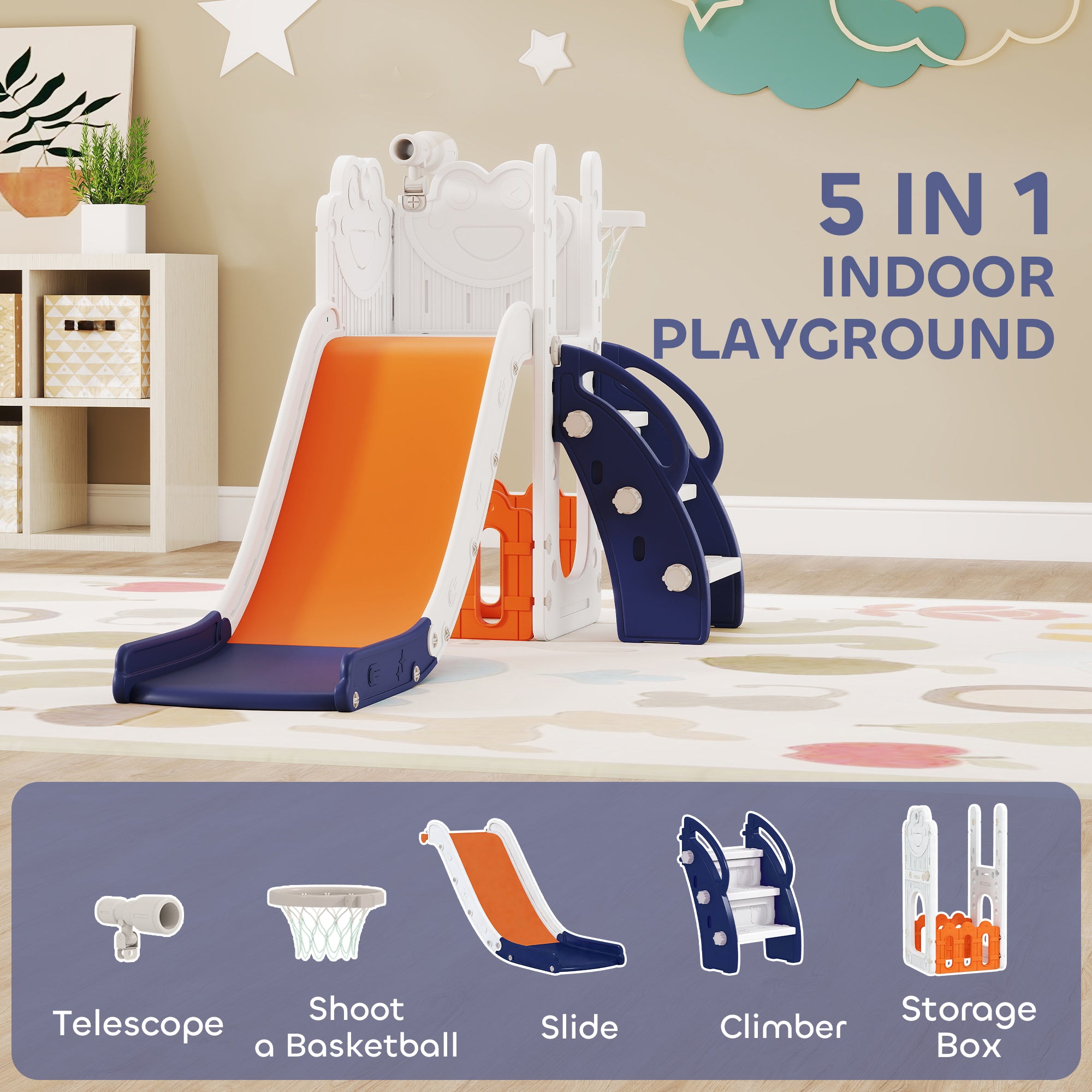AIYAPLAY 5 in 1 Kids Slide Set with Basketball Hoop, Climbing Frame, Telescope, Storage Box for Toddlers Ages 1-3, Orange 