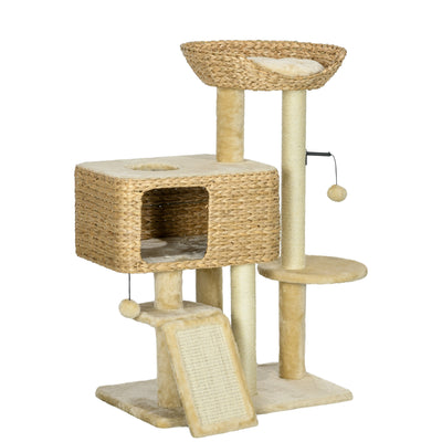 PawHut 95cm Cat Tree Tower for Indoor Cats, with Scratching Post, Cat House, Toy Ball, Platform - Beige 