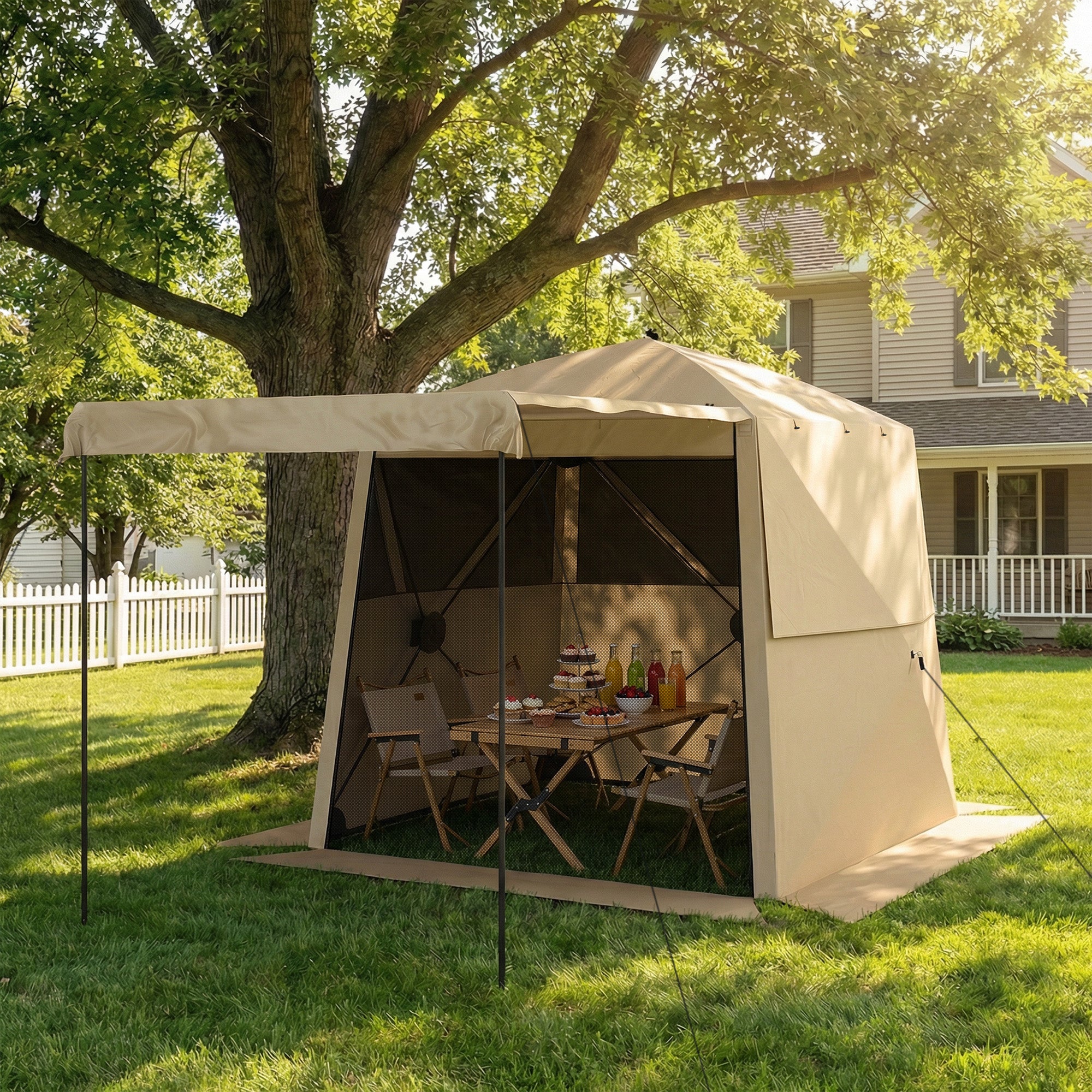 Outsunny Pop Up Gazebo Waterproof Instant Shelter with Awning Mesh Windows for Camping Patio 2 x 2 m, Khaki 