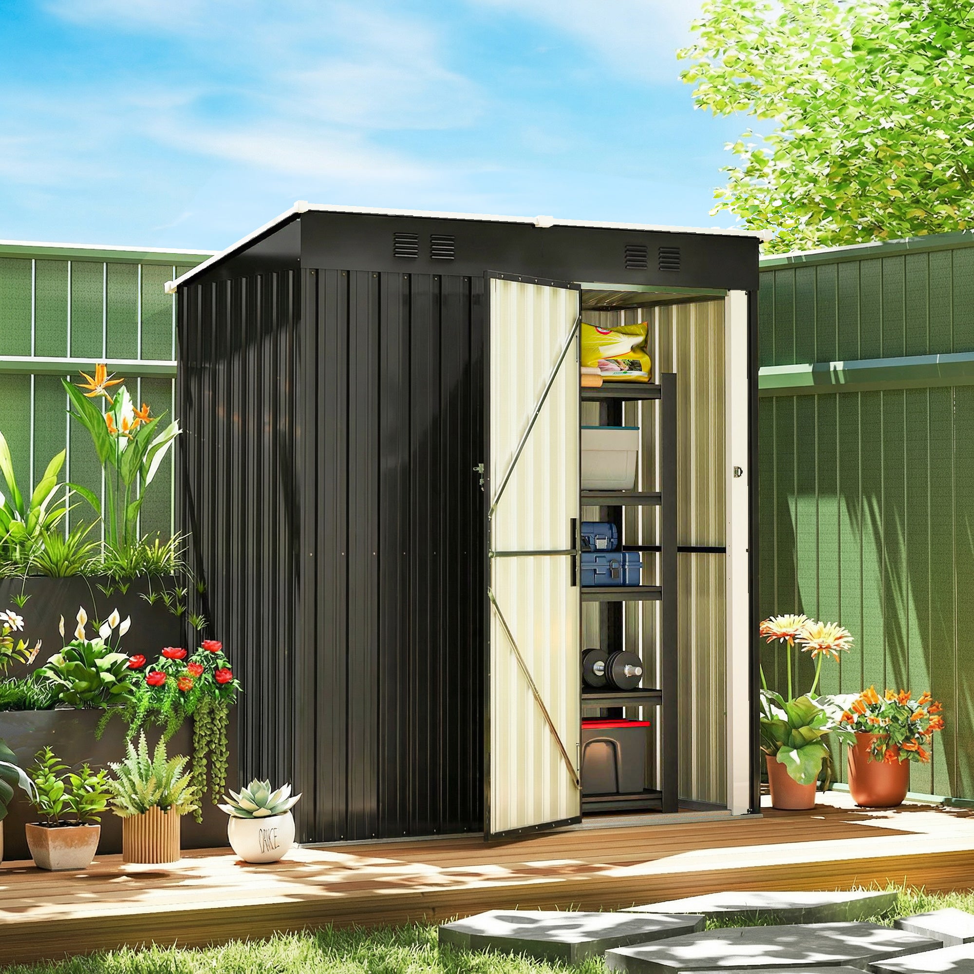 Outsunny 5 x 3 ft Lean-to Garden Shed, Outdoor Storage Shed with Lockable Door and Vents, Dark Grey 