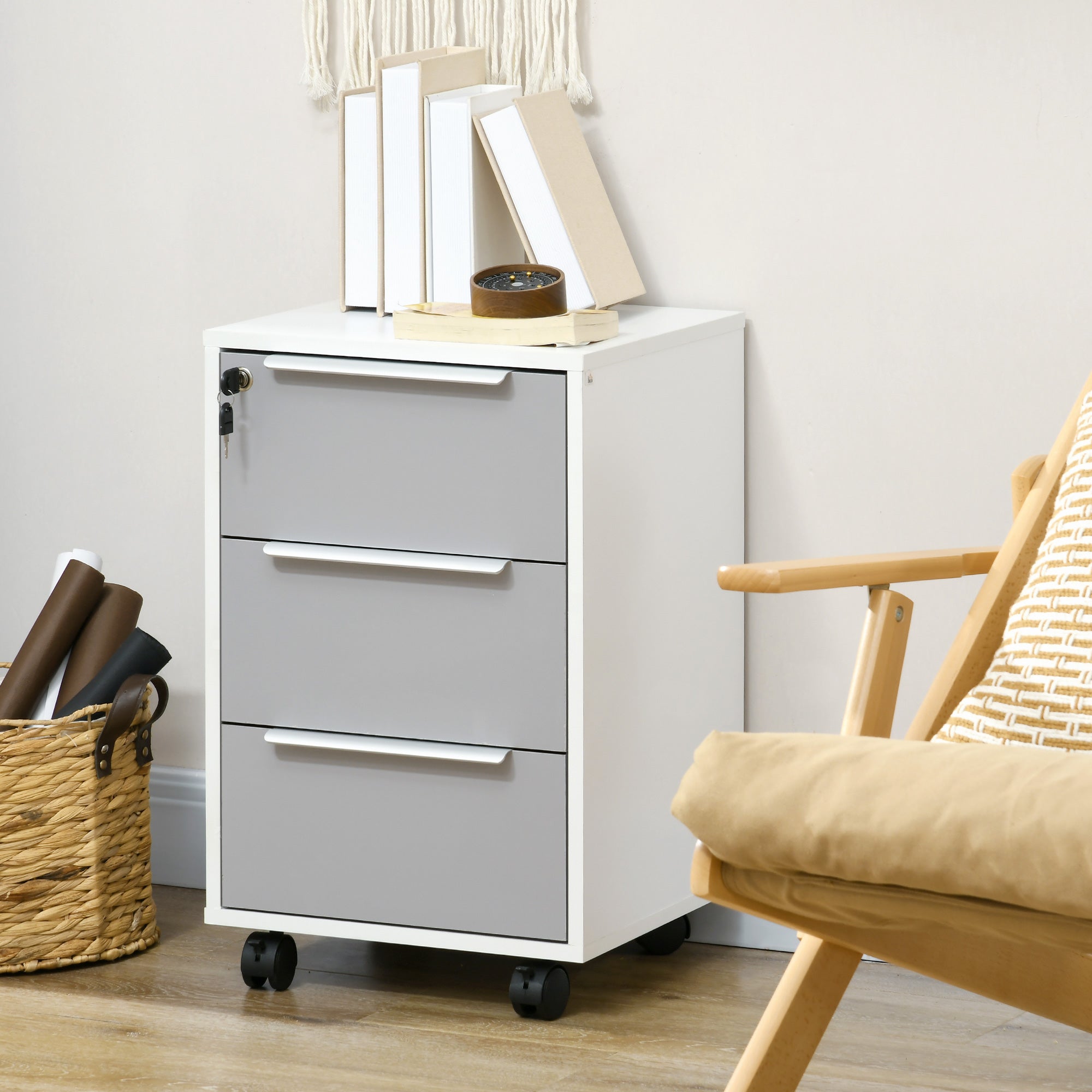 HOMCOM 3-Drawer Lockable Filing Cabinet, File Cabinet on Wheels, Mobile Office Storage Drawers for Home Office, Bedroom and Living room, White and Grey 