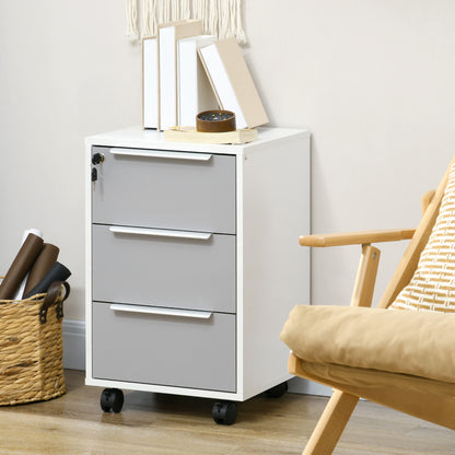 HOMCOM 3-Drawer Lockable Filing Cabinet, File Cabinet on Wheels, Mobile Office Storage Drawers for Home Office, Bedroom and Living room, White and Grey 