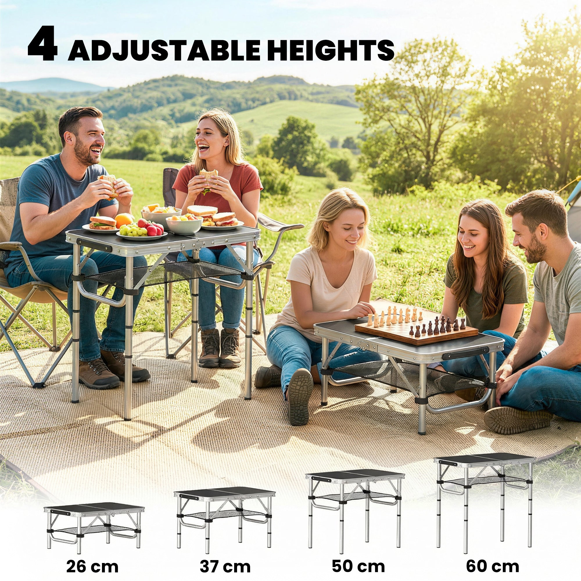Outsunny 2ft Folding Camping Table, Picnic Table with Mesh Storage Layer, 4 Adjustable Heights and Carrying Handle, Black 