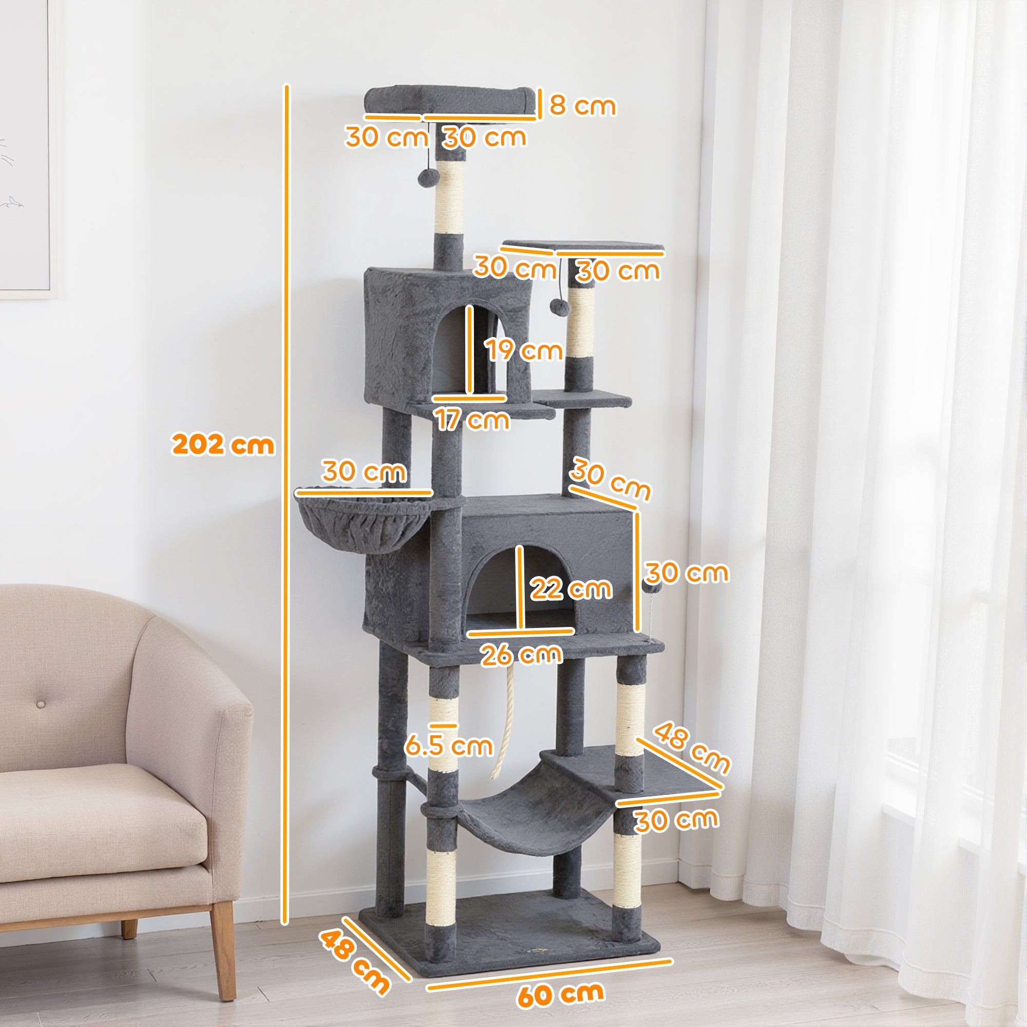 PawHut 202cm Large Cat Tree with 6 Scratching Posts, 2 Hammocks, 2 Condos, 2 Perches, Pompoms, for Indoor Cats to Rest and Play 