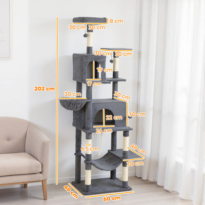 PawHut 202cm Large Cat Tree with 6 Scratching Posts, 2 Hammocks, 2 Condos, 2 Perches, Pompoms, for Indoor Cats to Rest and Play 