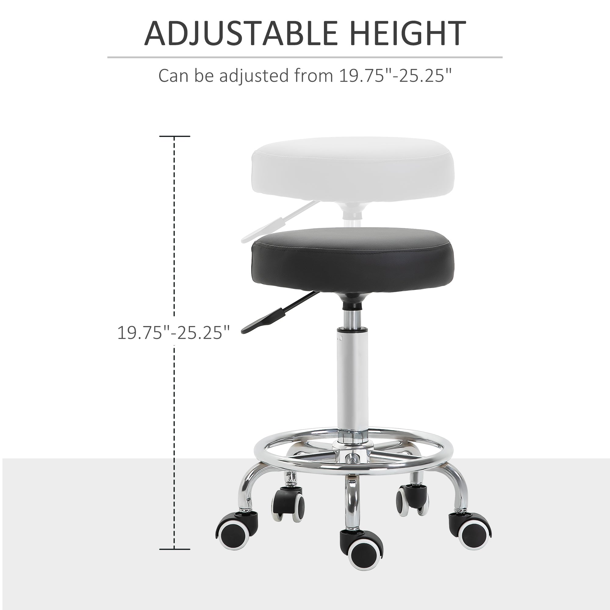 Vinsetto Round Rolling Stool, PU Leather Height Adjustable Stool Chair with Wheels and Swivel Seat for Salon, Massage, Spa, Home Kitchen, Black 