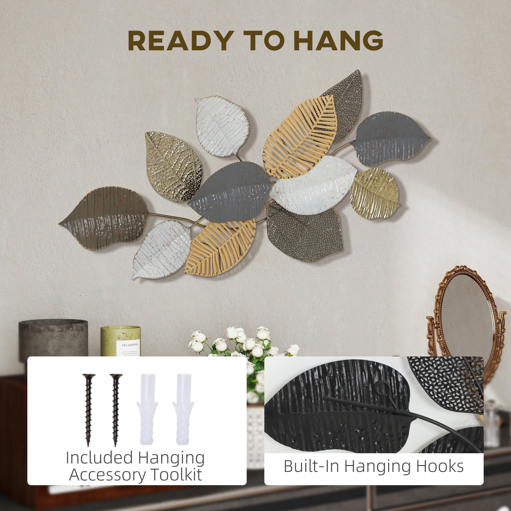 HOMCOM Metal Wall Art, Modern Hanging Wall Decor with Unique Leaf Design for Living Room Bedroom Entryway 
