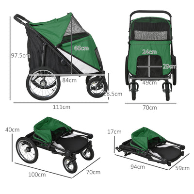 PawHut Foldable Pet Stroller, with Washable Cushion, Storage Bags, Safety Leash, for Medium, Large Dogs, Cats - Green 
