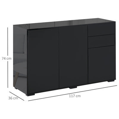 HOMCOM High Gloss Side Cabinet, Push-Open Design with 2 Drawers and 2 Cabinets for Living Room, 74H x 117W x 36Dcm, Black 