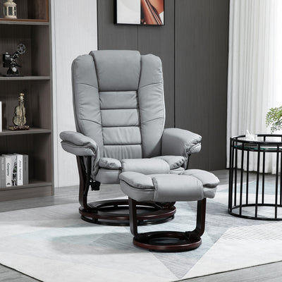 HOMCOM Manual Recliner and Footrest Set PU Leather Leisure Lounge Chair Armchair with Swivel Wood Base, Grey 