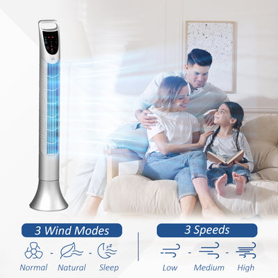 HOMCOM 36'' Freestanding Tower Fan, 3 Speed 3 Mode, 7.5h Timer, 70 Degree Oscillation, LED Panel, 5M Remote Controller, Silver 