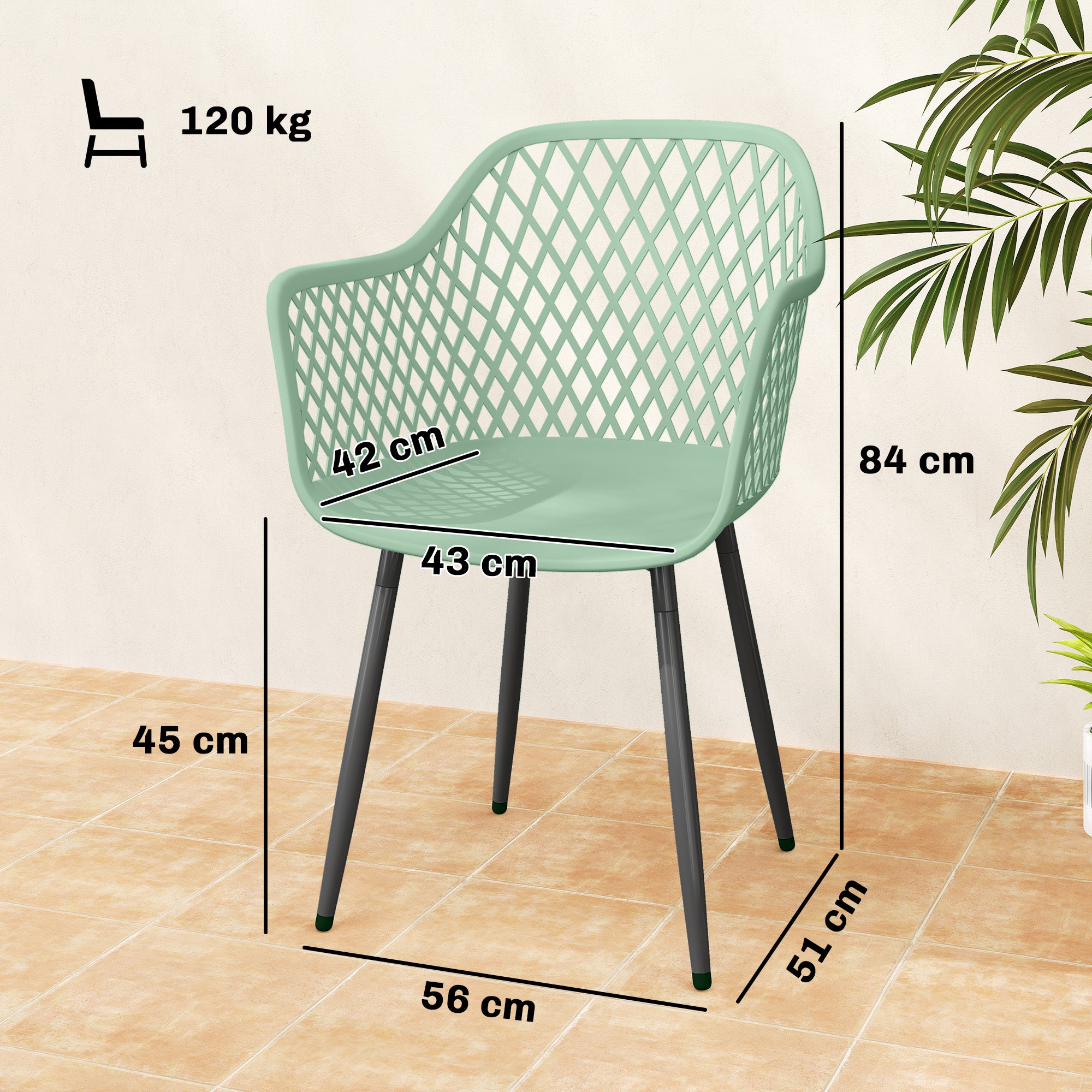 Outsunny Garden Chairs Set of 4, Garden Dining Chairs with Cut Out Diamond Back and Armrests for Patio, Balcony, Terrace, Green 