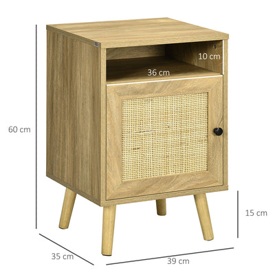 HOMCOM Bedside Table with Rattan Element, Side End Table with Shelf and Cupboard, 39cmx35cmx60cm, Natural 