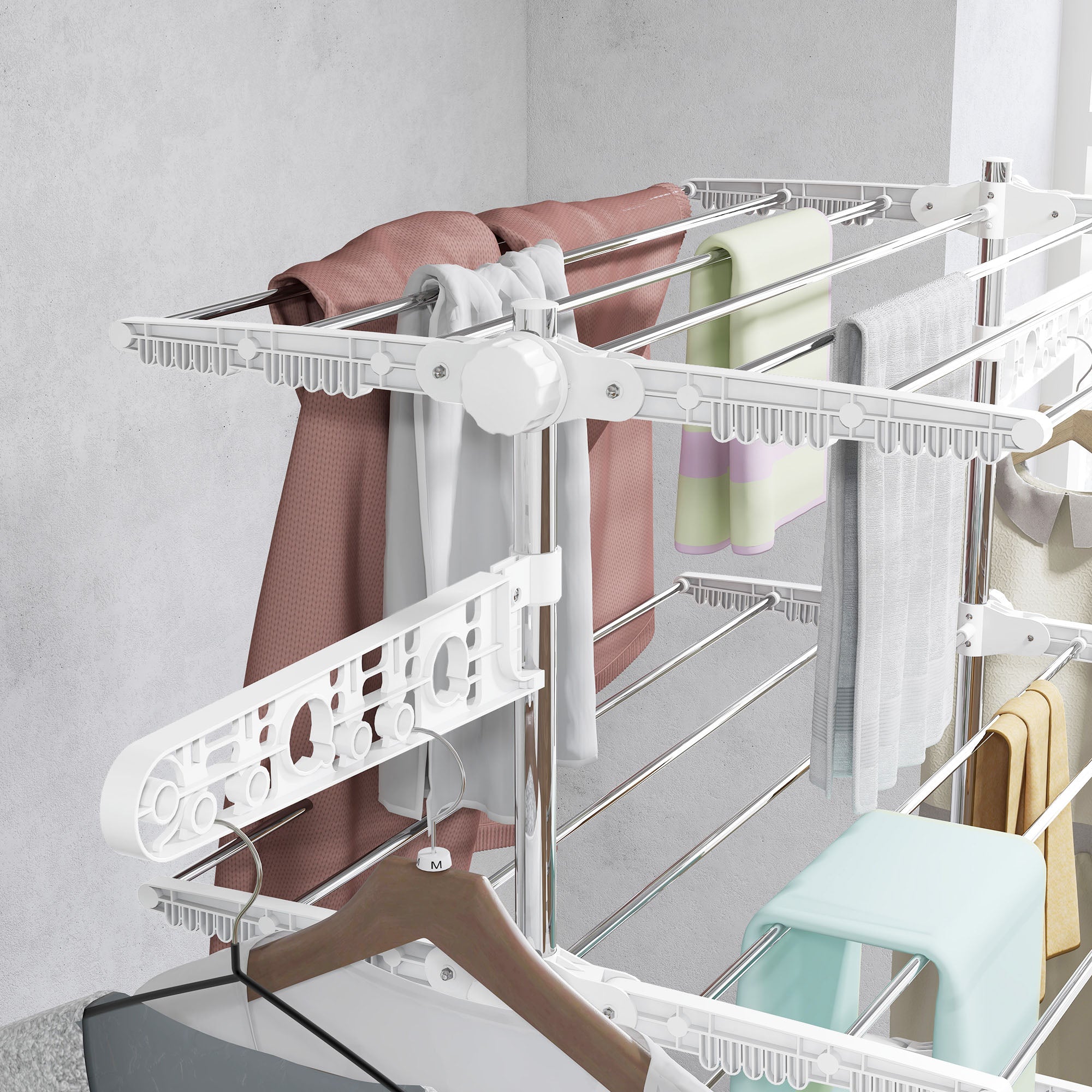 HOMCOM Four-Shelf Collapsing Clothes Horse, With Side Arms and Wheels - White 