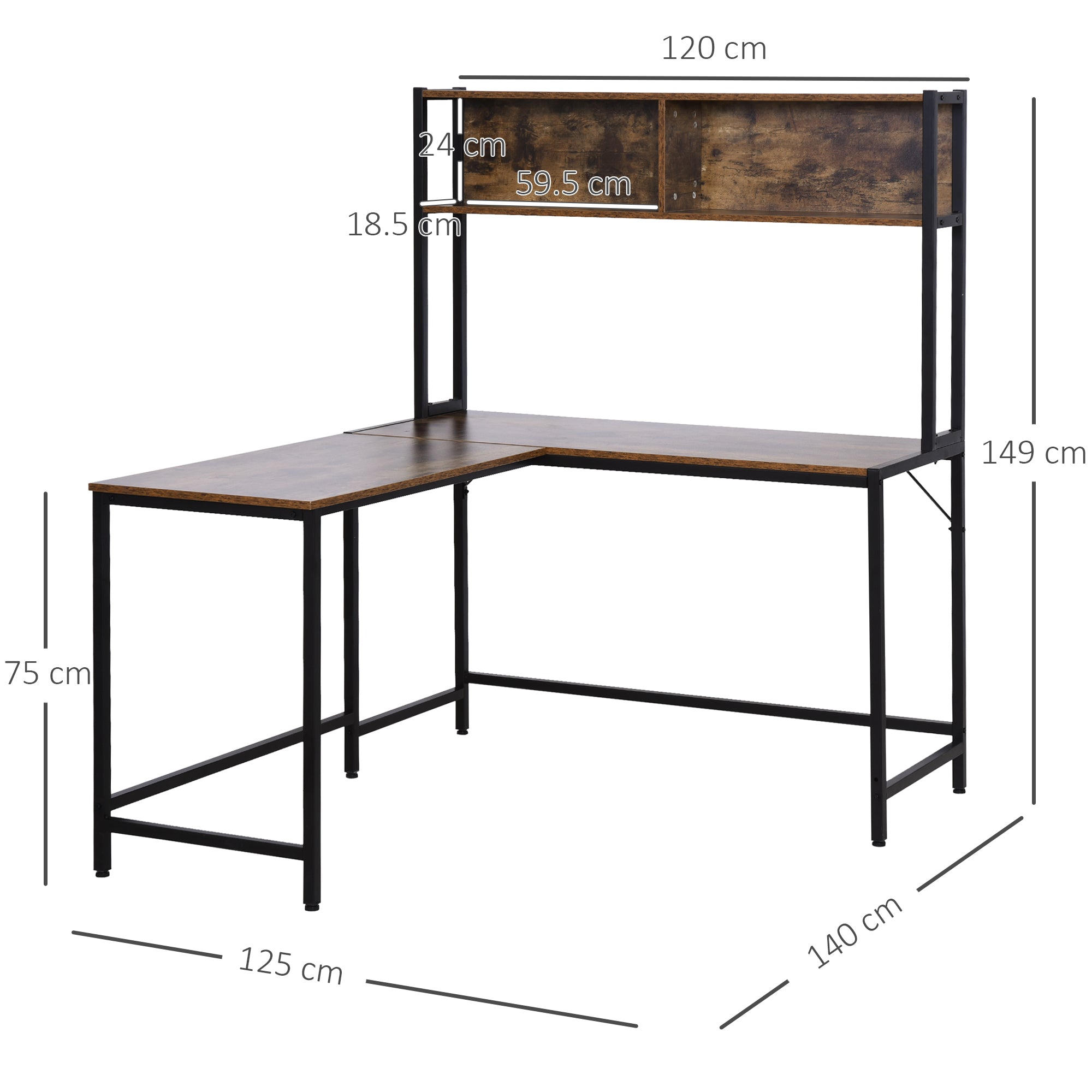 HOMCOM Reversible L Shaped Desk with Hutch, Industrial Computer Desk, Corner Desk with Storage Compartments and Steel Frame for Home Office, Study, 140 x 125cm, Brown 