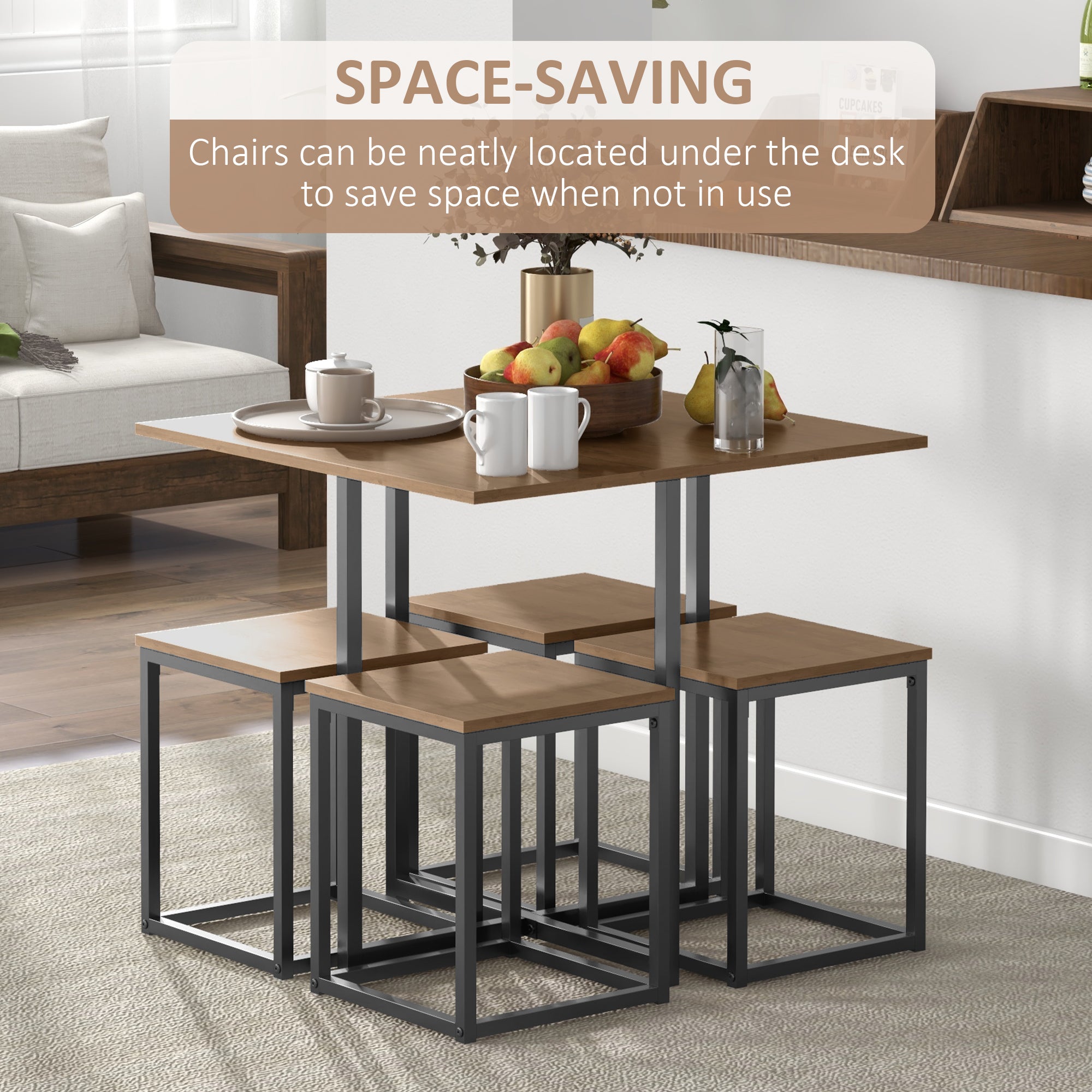 HOMCOM 5 Piece Dining Table and Chairs Set 4, Industrial Space Saving Table and Chairs with Metal Frame, Square Kitchen Table and Stools for Dining Room, Brown 