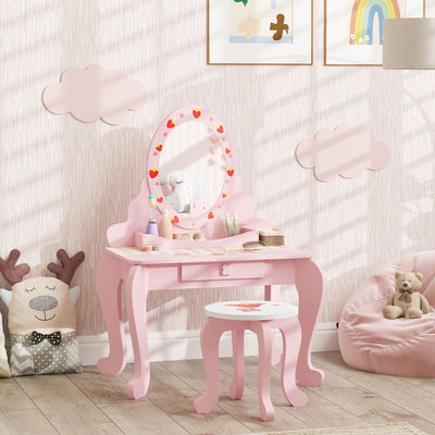 AIYAPLAY Kids Dressing Table Set, Vanity Table with Stool, Mirror, Drawer, Desktop Storage, Strawberry Theme, Pink 