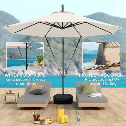 Outsunny 3(m) Garden Cantilever Parasol with Fillable Base, Wind Protection Strap, Cover, Round Banana Hanging Umbrella with Crank Handle and Tilt, Patio Umbrella for Outdoor Sun Shade, UPF50+, Cream 