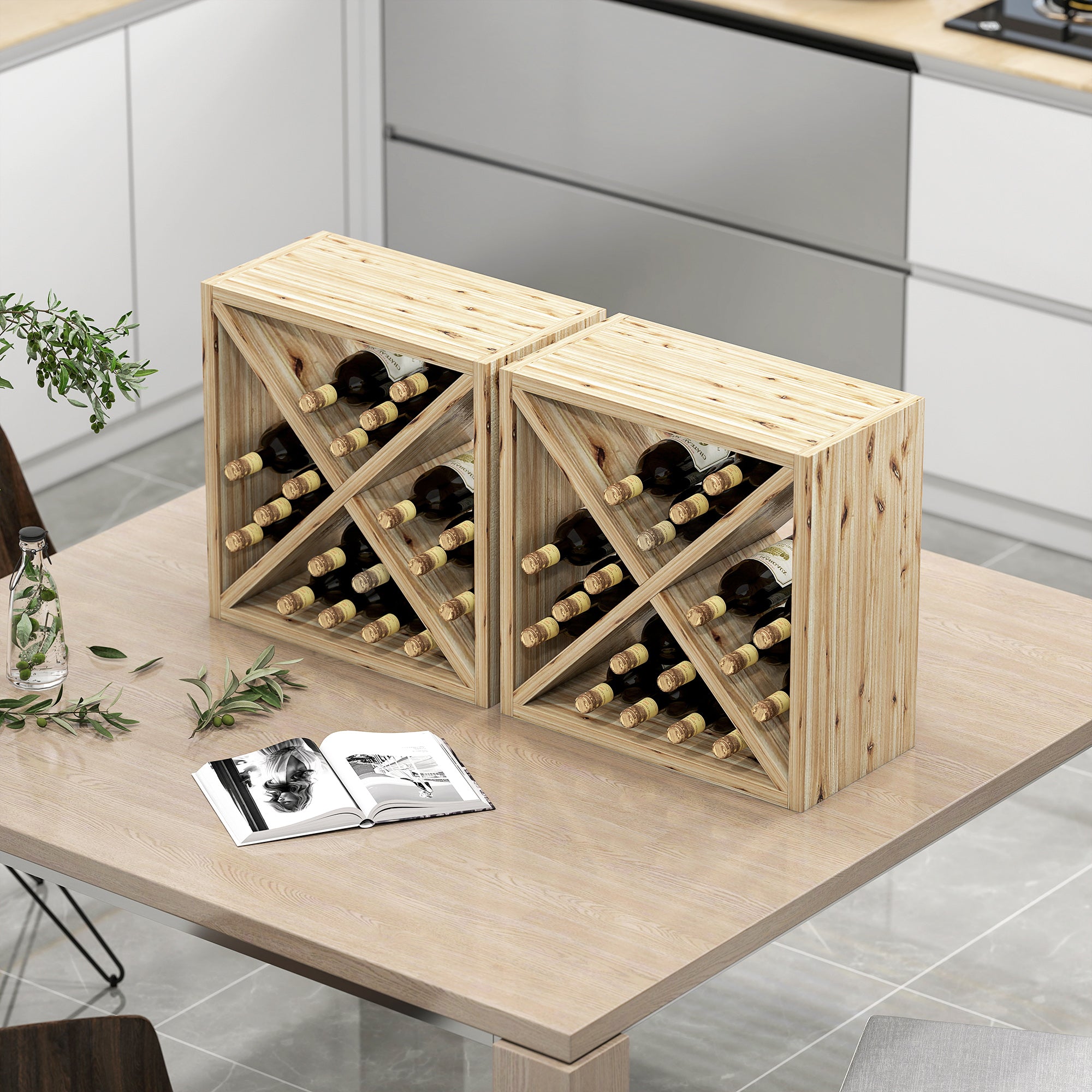 HOMCOM Set of 2 Wooden Wine Rack, X-Shaped Square Tabletop Storage Holder for 24 Bottle, Natural Wood 