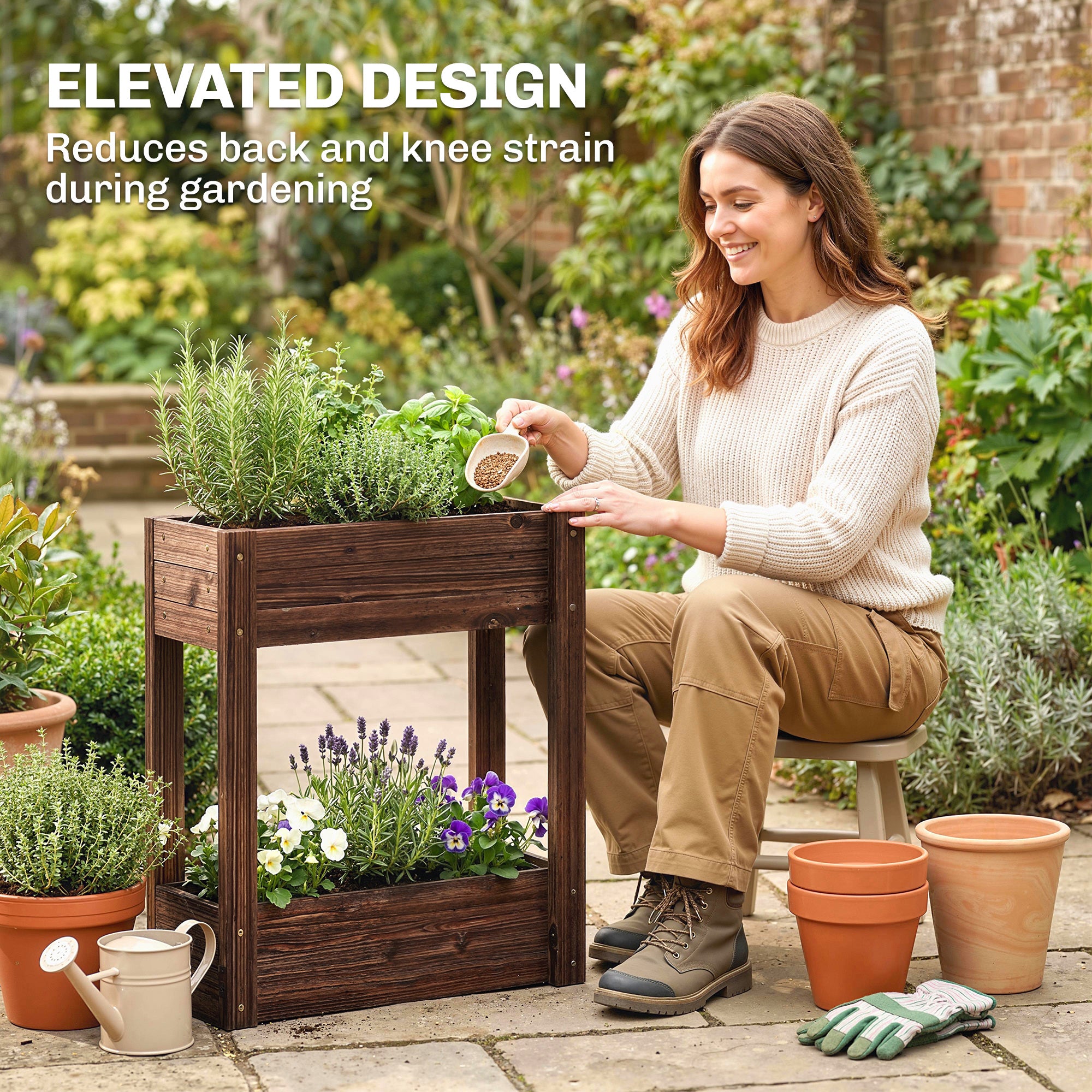 Outsunny 2-Tier Wooden Raised Planter, Raised Garden Bed on Legs with Drainage Holes and Bed Liner, Elevated Garden Planter 