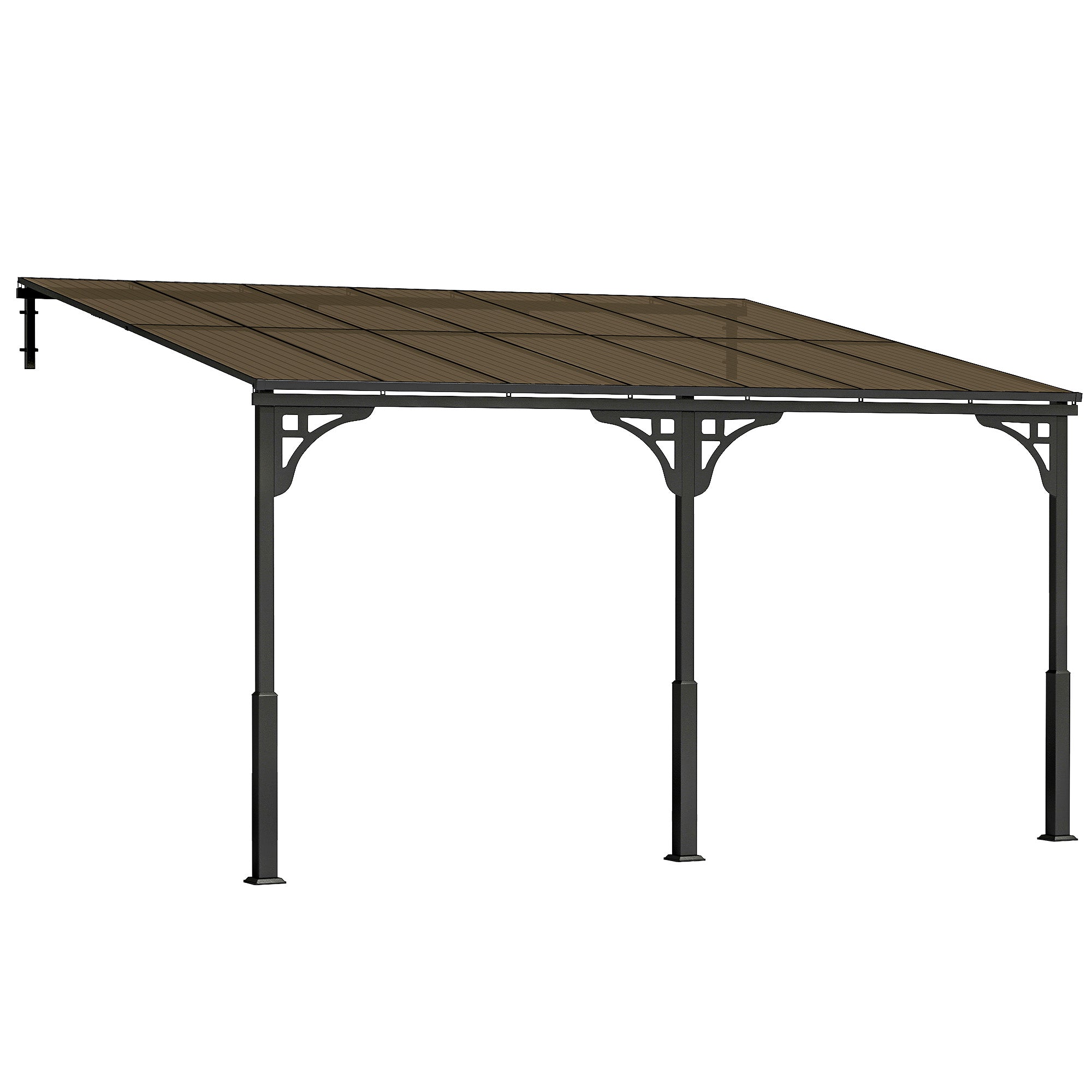 Outsunny 4 x 3 m Metal Lean-to Pergola, Wall-Mounted Garden Pergola with Polycarbonate Roof and Metal-Aluminium Frame, Heavy Duty Hardtop Gazebo for Outdoor Patios, BBQ, Brown 