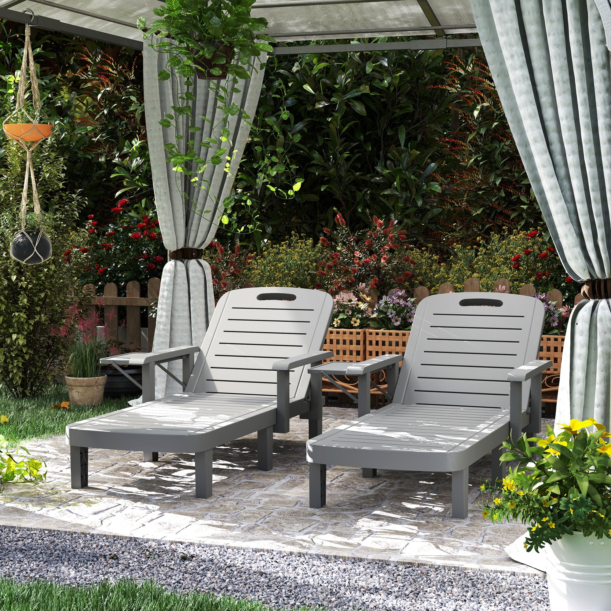 Outsunny Set of 2 Resin Reclining Sun Loungers for Garden, 5 Positions Adjustable Outdoor Chaise Lounge Chairs with Wood Texture Surface, Armrests, Foldable Side Table for Garden, Beach, Dark Grey 