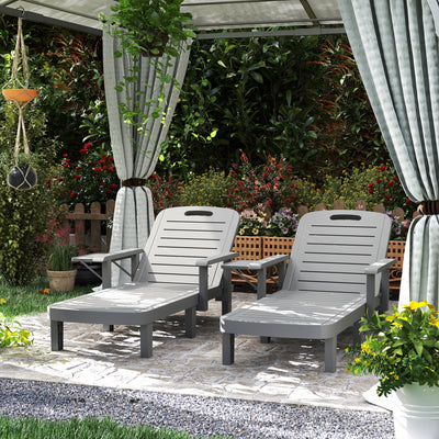 Outsunny Set of 2 Resin Reclining Sun Loungers for Garden, 5 Positions Adjustable Outdoor Chaise Lounge Chairs with Wood Texture Surface, Armrests, Foldable Side Table for Garden, Beach, Dark Grey 