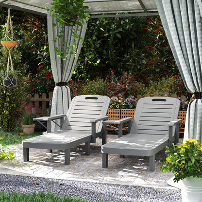 Outsunny Set of 2 Resin Reclining Sun Loungers for Garden, 5 Positions Adjustable Outdoor Chaise Lounge Chairs with Wood Texture Surface, Armrests, Foldable Side Table for Garden, Beach, Dark Grey 
