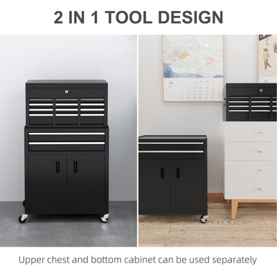 HOMCOM Portable Tool Box, Metal Tool Chest on Wheels with 6 Drawers for Garage and Workshop, Black 