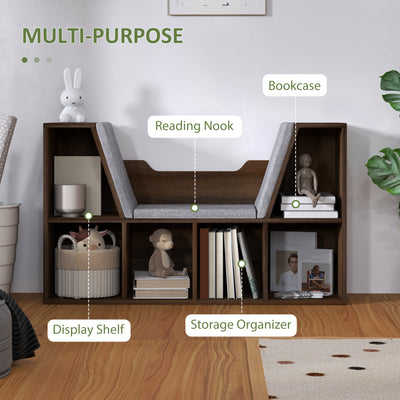 HOMCOM Bookcase Storage Shelf with Cushioned Reading Seat, Cube Bookshelf Organizer for Bedroom Living Room, Chestnut 