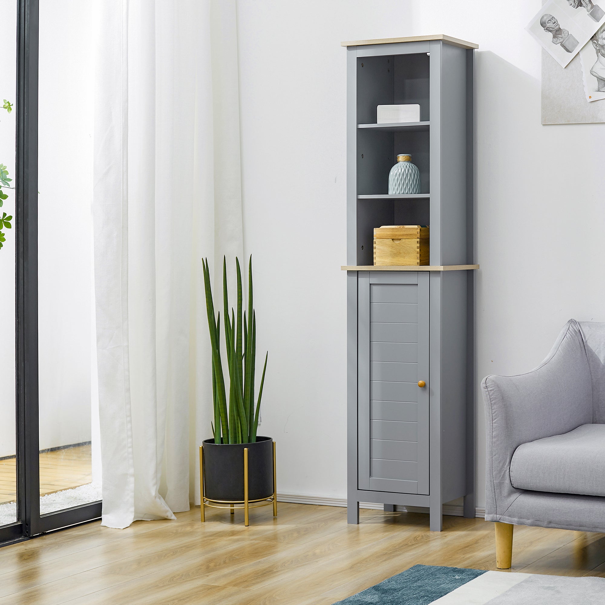 kleankin Bathroom Floor Storage Cabinet with 3 Tier Shelf and Cupboard with Door, Free Standing Linen Tower, Tall Slim Side Organizer Shelves, Grey 