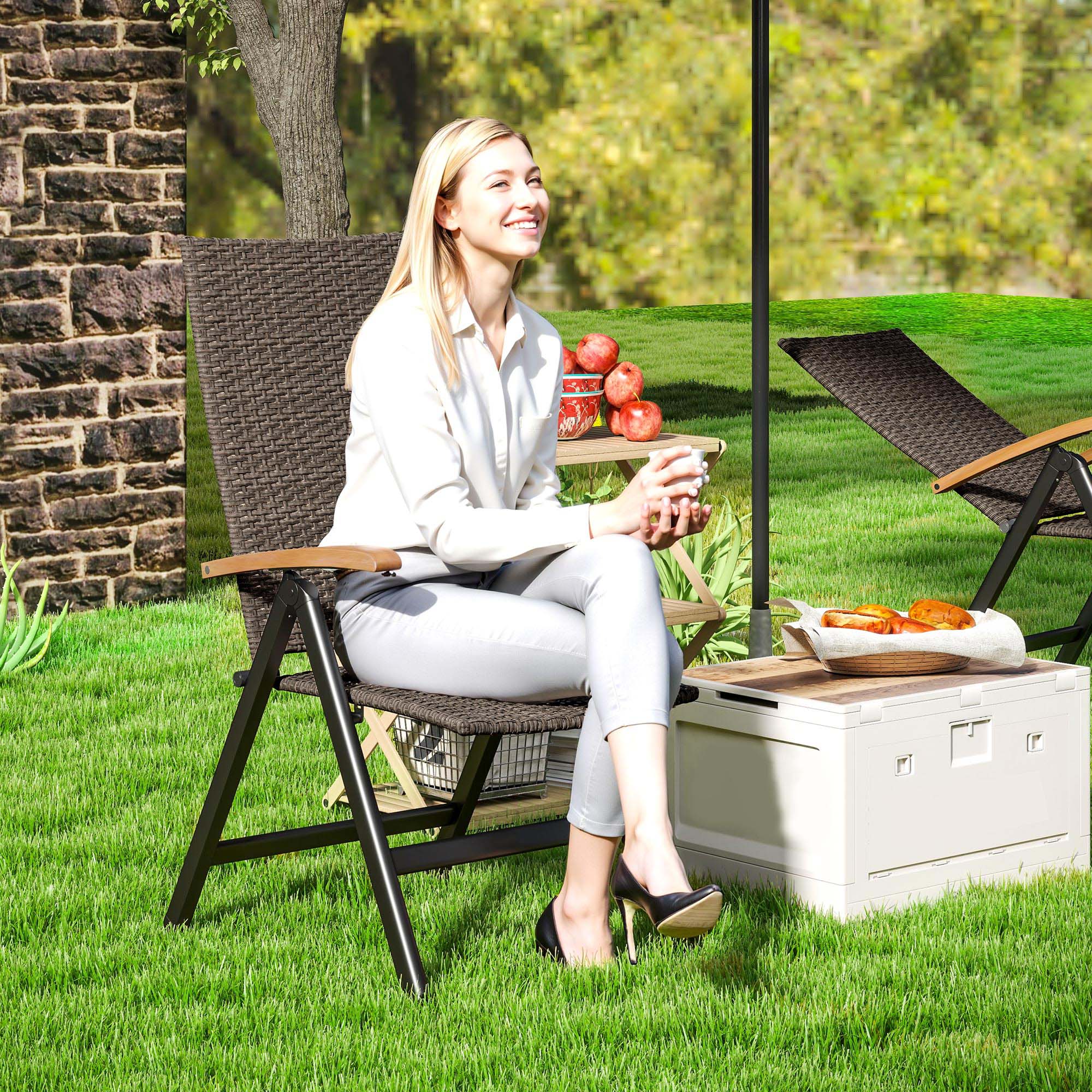 Outsunny Outdoor Folding Rattan Chair with Armrests, High Backrest, for Garden, Camping, Balcony, Porch - Brown 